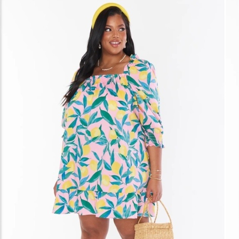 Show Me Your Mumu Pink Lemon Print Smocked Square Neck Ruffle Mini Dress 2X